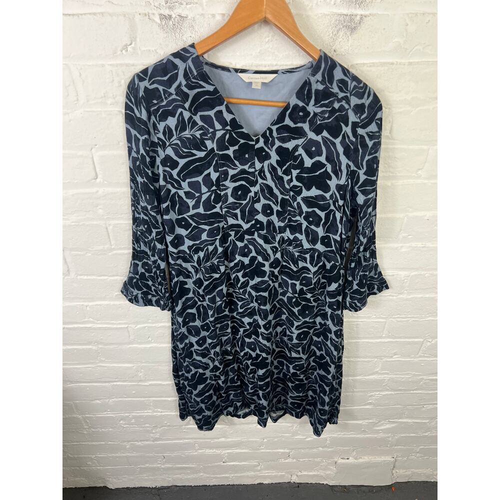 Garnet Hill Women's Floral V-Neck Tunic Dress Long Sleeves Blue Black Size XS